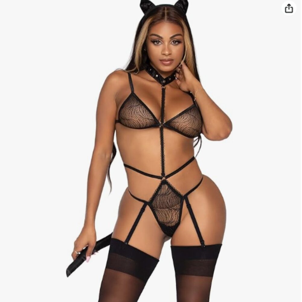 Leg Avenue womens Sexy Fantasy Roleplay Cosplay Lingerie Outfit - Black Cat